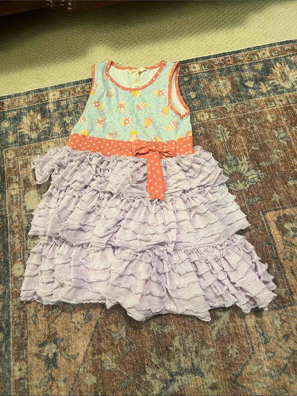 Matilda Jane Aqua & Lavender Ruffle Dress with Coral Polka Dot Bow